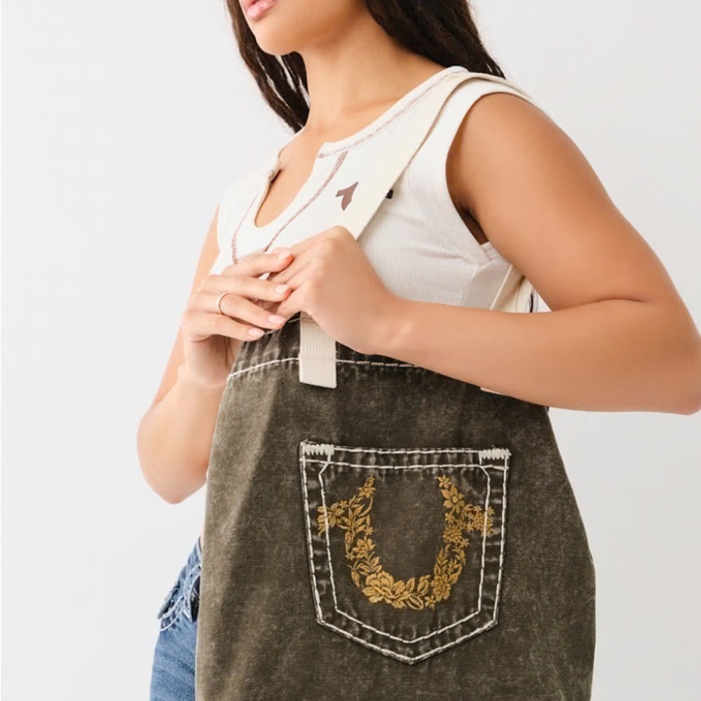 True Religion Olive Green Tote Bag with Gold Embroidery NWT